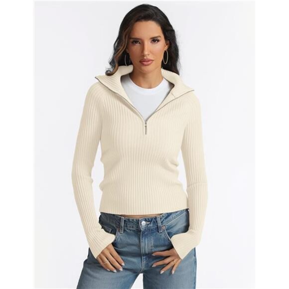 COPY - Women's Half Zip Pullover Sweater - V-Neck Collared Long Sleeve Ribbed K… - Picture 4 of 7
